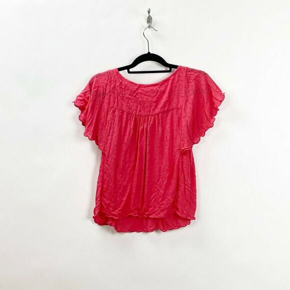 2/$30 Anthropologie Maeve 0 Womens Coral Textured Swiss Dot Flutter Blouse Top - Picture 6 of 8